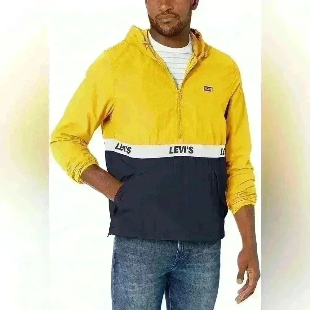 Levi’s Retro Color Block Mens Pullover 1/2 Zip Hooded Windbreaker Jacket Large